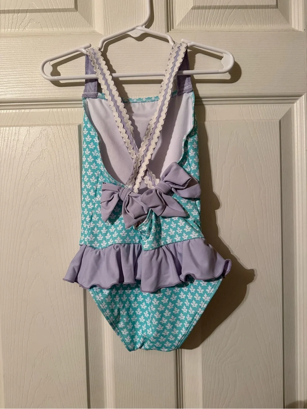The Beaufort Bonnet Company Aqua Floral One-Piece Swimsuit with Lilac Ruffle